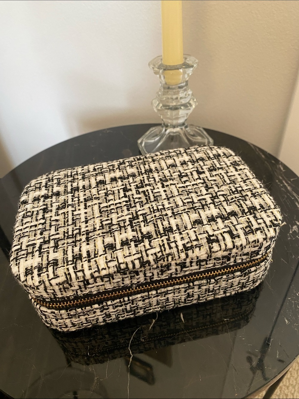Travel Jewelry Case - Black & White Tweed with Gold threading. Gold zipper